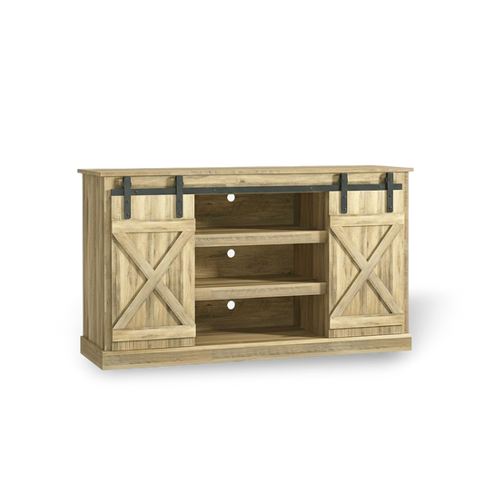 Rustic walnut-finish TV stand with sliding barn doors, open shelves, and black metal track.