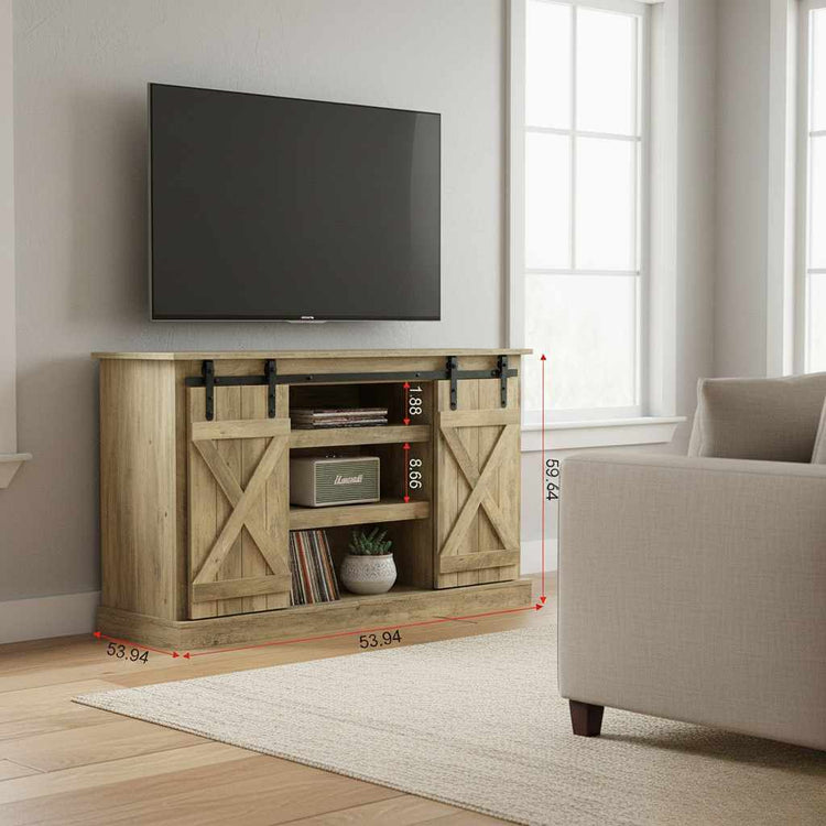 Rustic walnut-finish TV stand with sliding barn doors dimensions, unit inch, open shelves, and media storage beneath a wall-mounted TV.