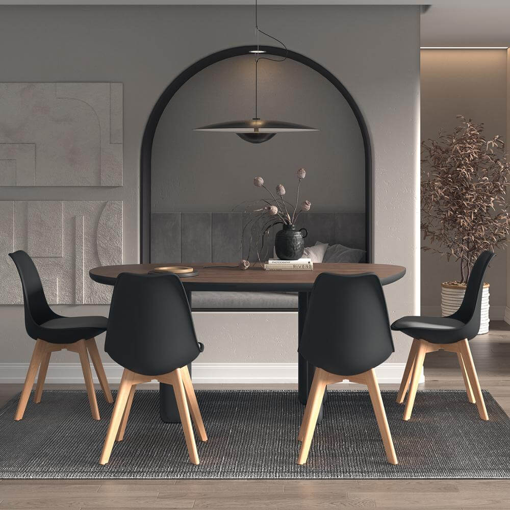 Sleek dining chair mid century modern Black 4Pcs Plastic Shell set enhances any dining space with modern elegance.