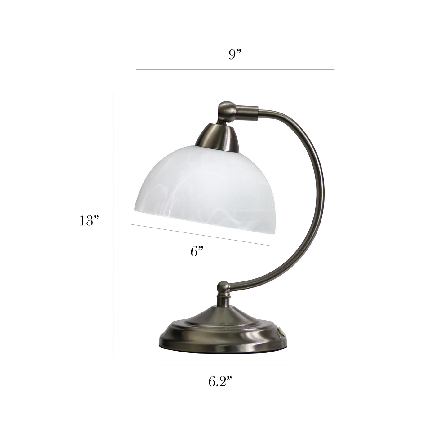 Small Lamp Desk Light With Marbleized White Glass with measurements on a white background
