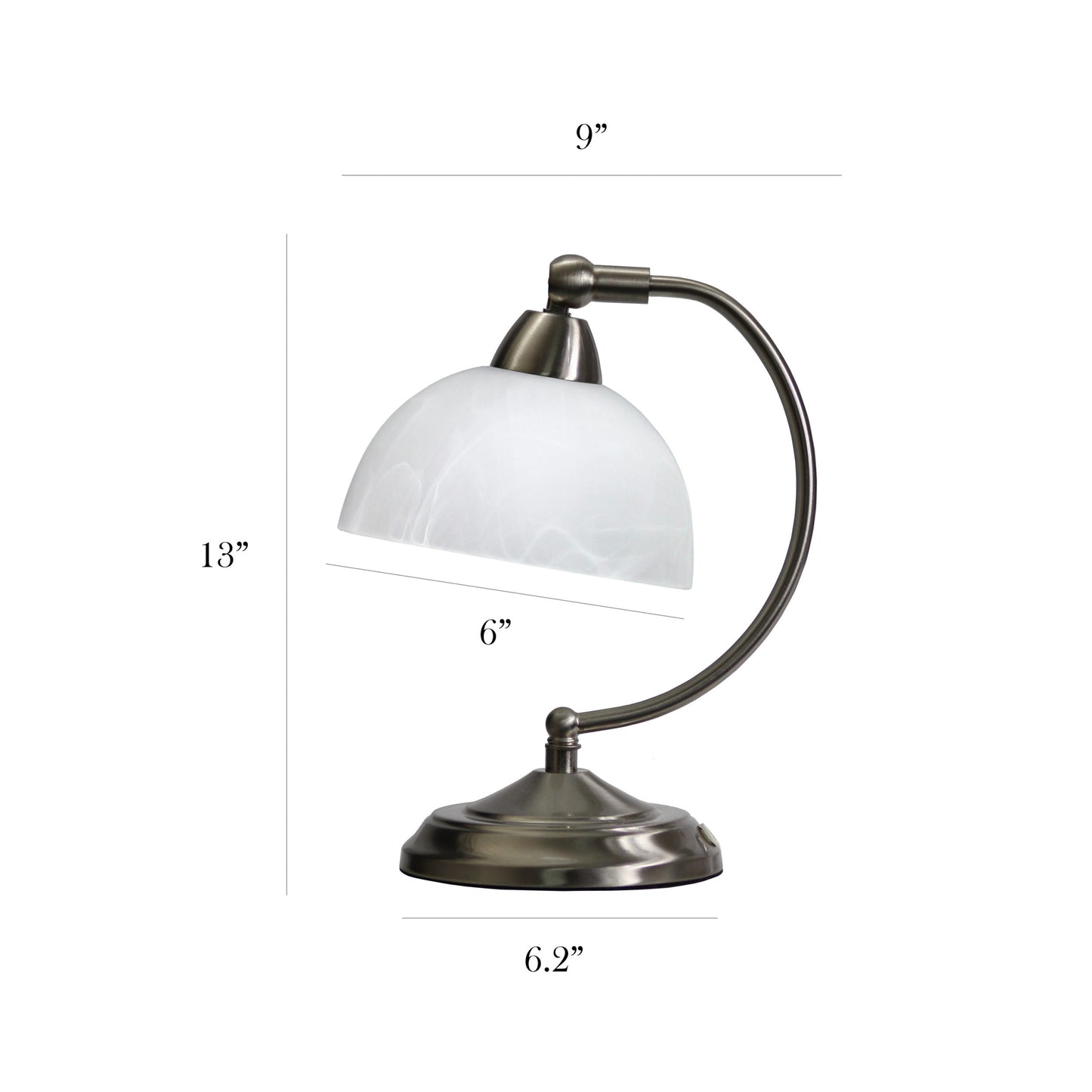 Small Lamp Desk Light With Marbleized White Glass with measurements on a white background