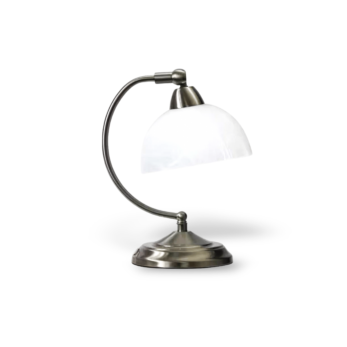 Table lamp with white glass shade and metallic base on a white background