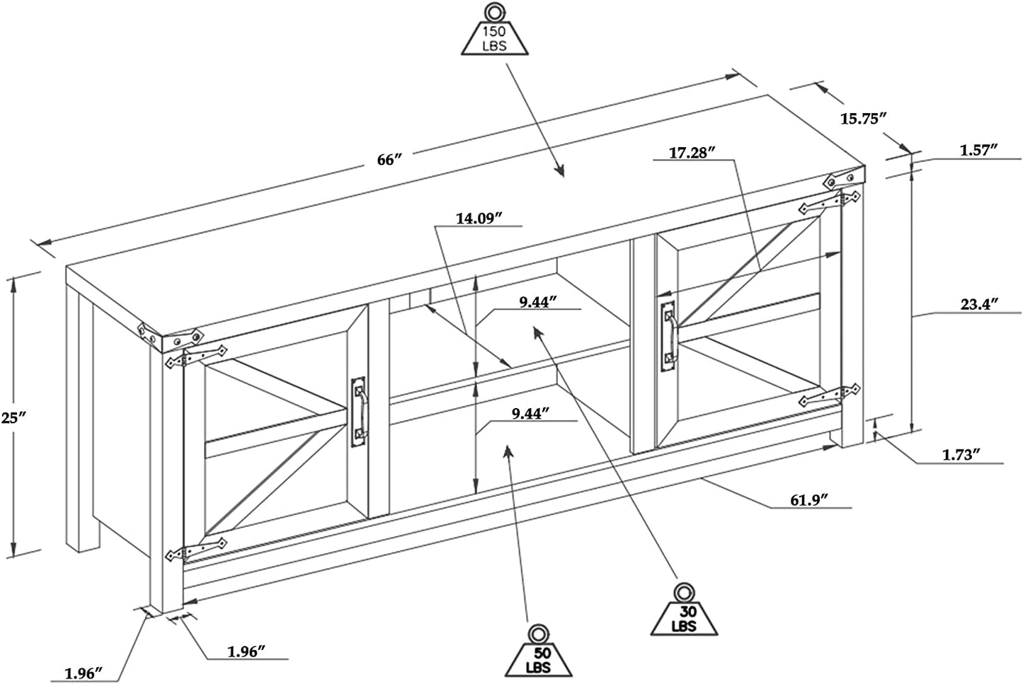 Technical drawing of a wooden TV stand with dimensions labeled