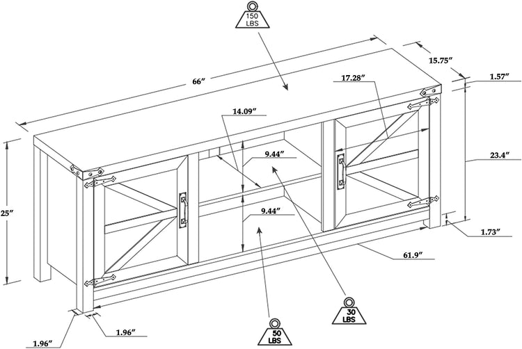 Technical drawing of a wooden TV stand with dimensions labeled