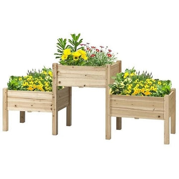 Three wooden raised garden beds with plants on a white background