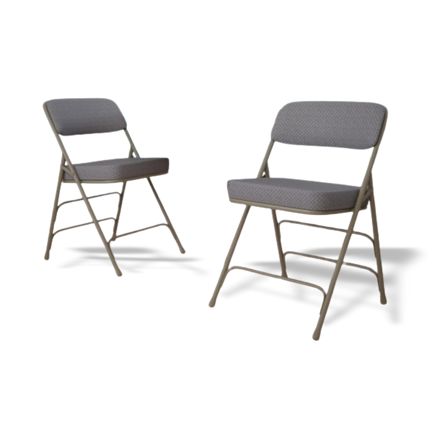 Two gray folding chairs on a white background