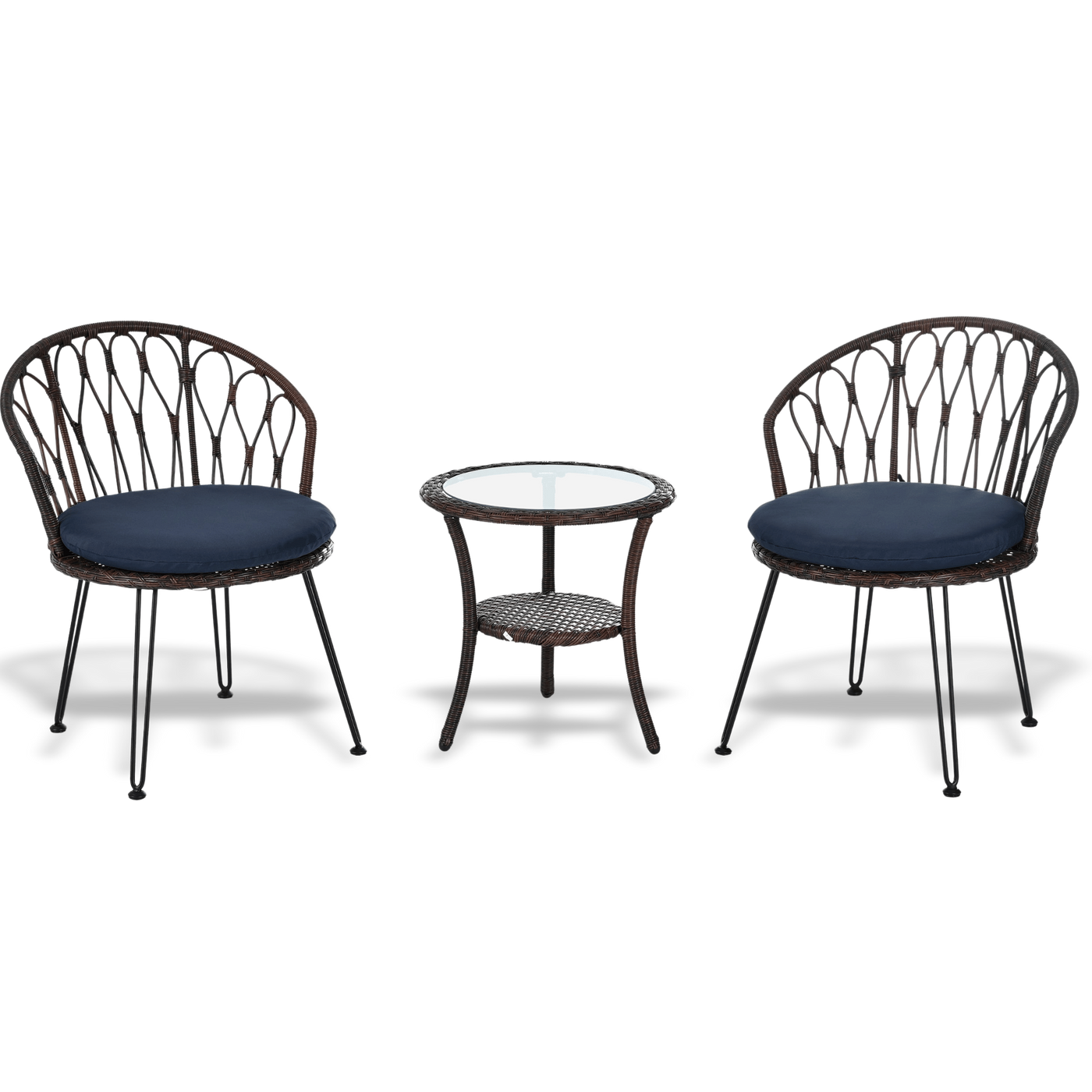 Two wicker chairs with navy cushions and a matching side table on a white background