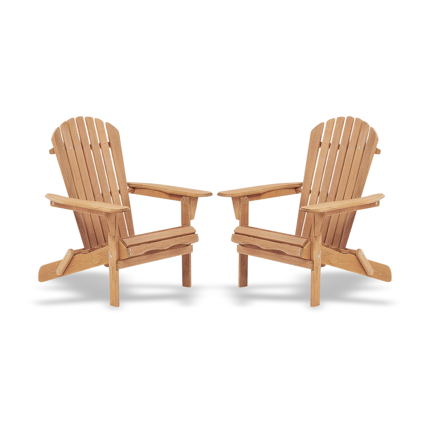 Two wooden Adirondack chairs on a white background