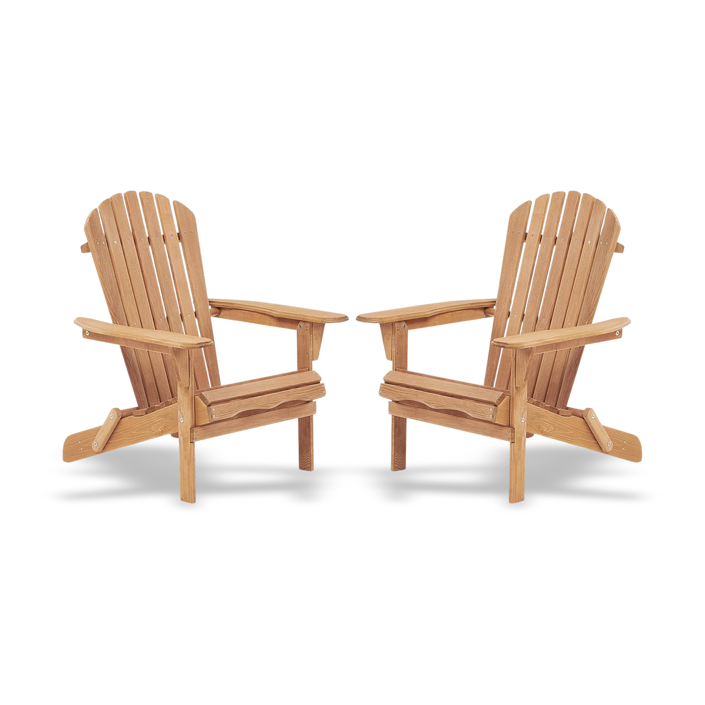 Two wooden Adirondack chairs on a white background