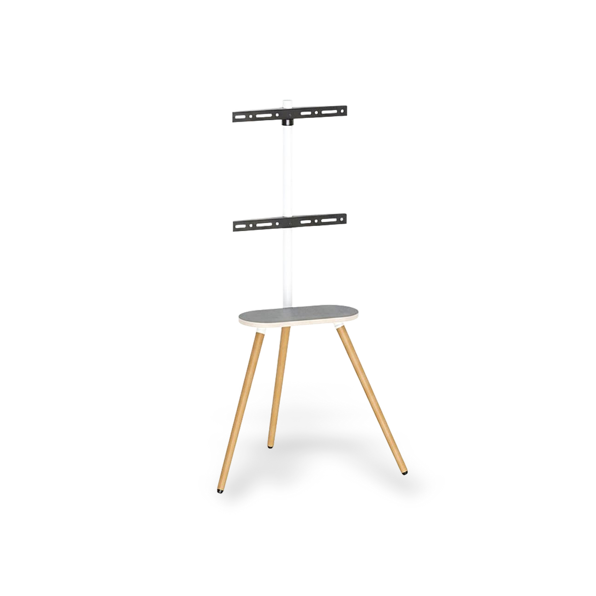Tripod TV stand with cable management, shown against a #f3f3f3 studio backdrop.