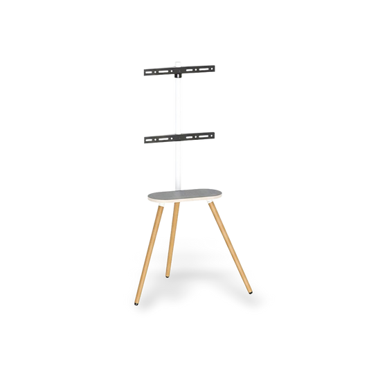 White adjustable tripod TV stand with swivel wooden tray and dual mount brackets for 40–65 inch TVs
