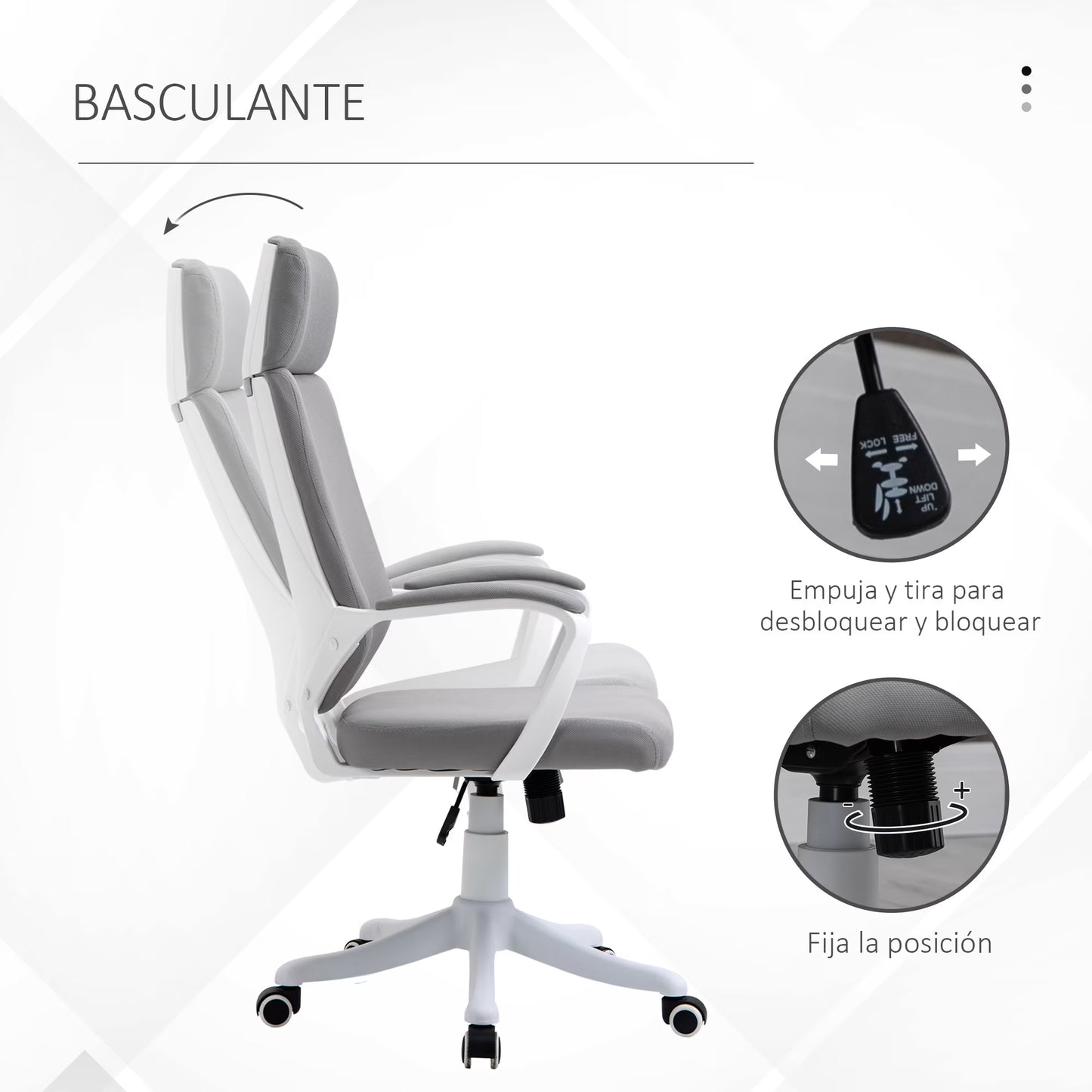 White and gray office chair with swivel feature on a white background