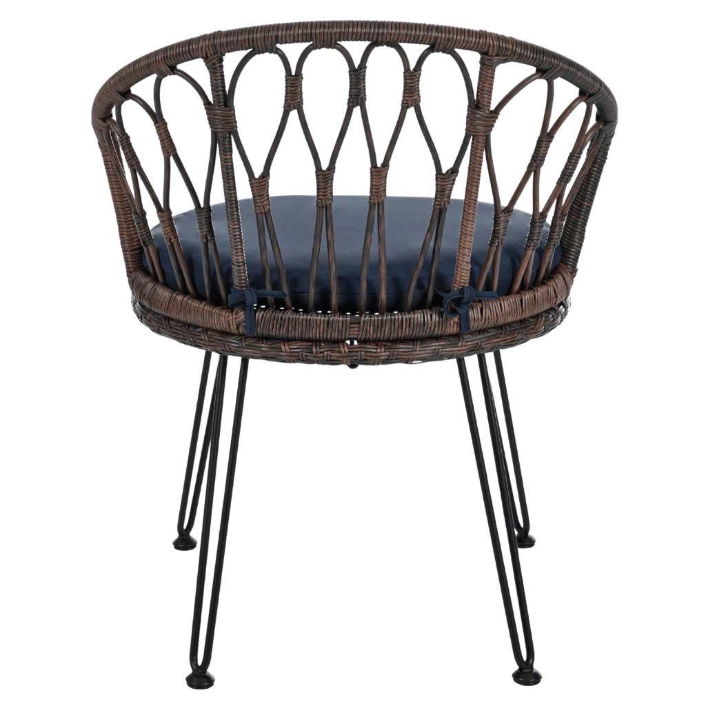 Wicker chair with a dark cushion on a transparent background