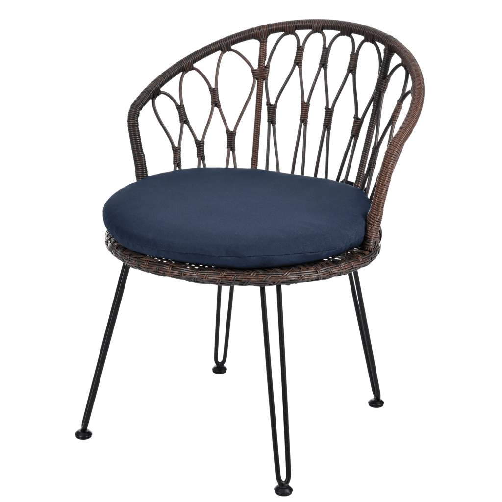 Wicker chair with a navy cushion on a transparent background