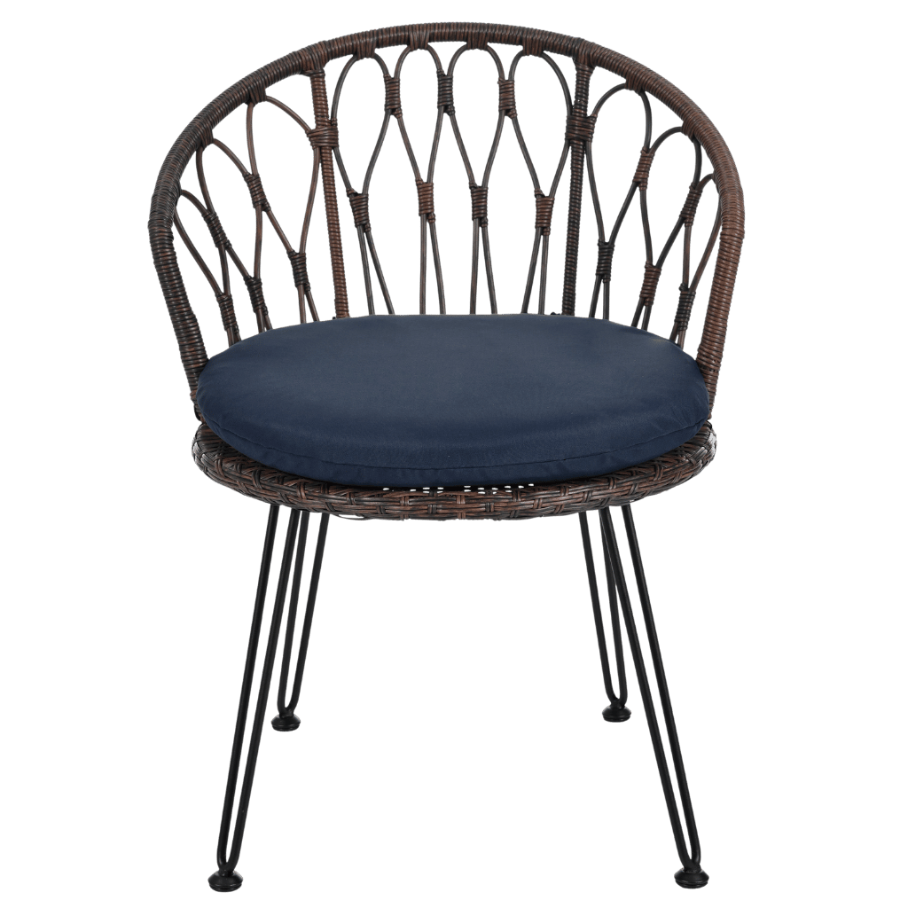 Wicker chair with a navy cushion on a transparent background