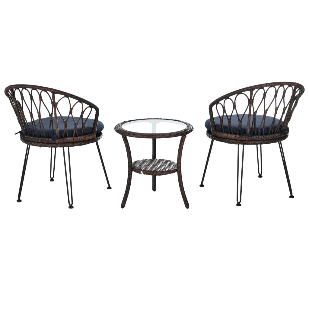 Wicker outdoor furniture set with two chairs and a small table on a transparent background