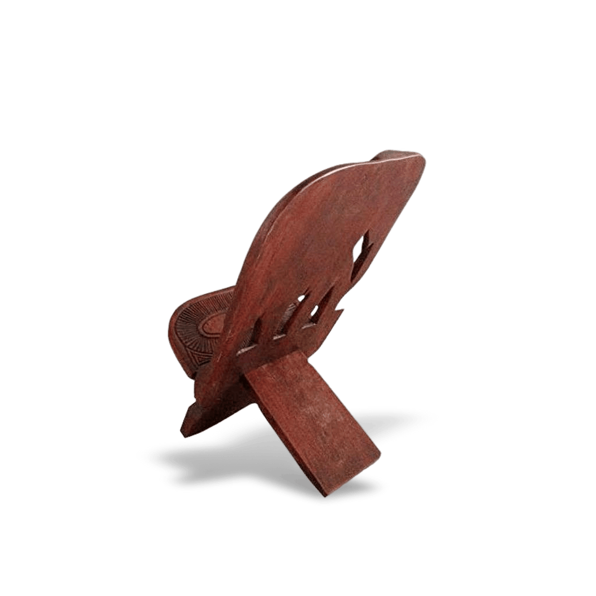 Mini carved wood stool for tabletop display on a #f3f3f3 studio background (plain studio)