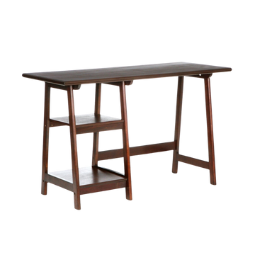 Espresso finish wooden home office desk with a left two-shelf storage unit for laptop setup.