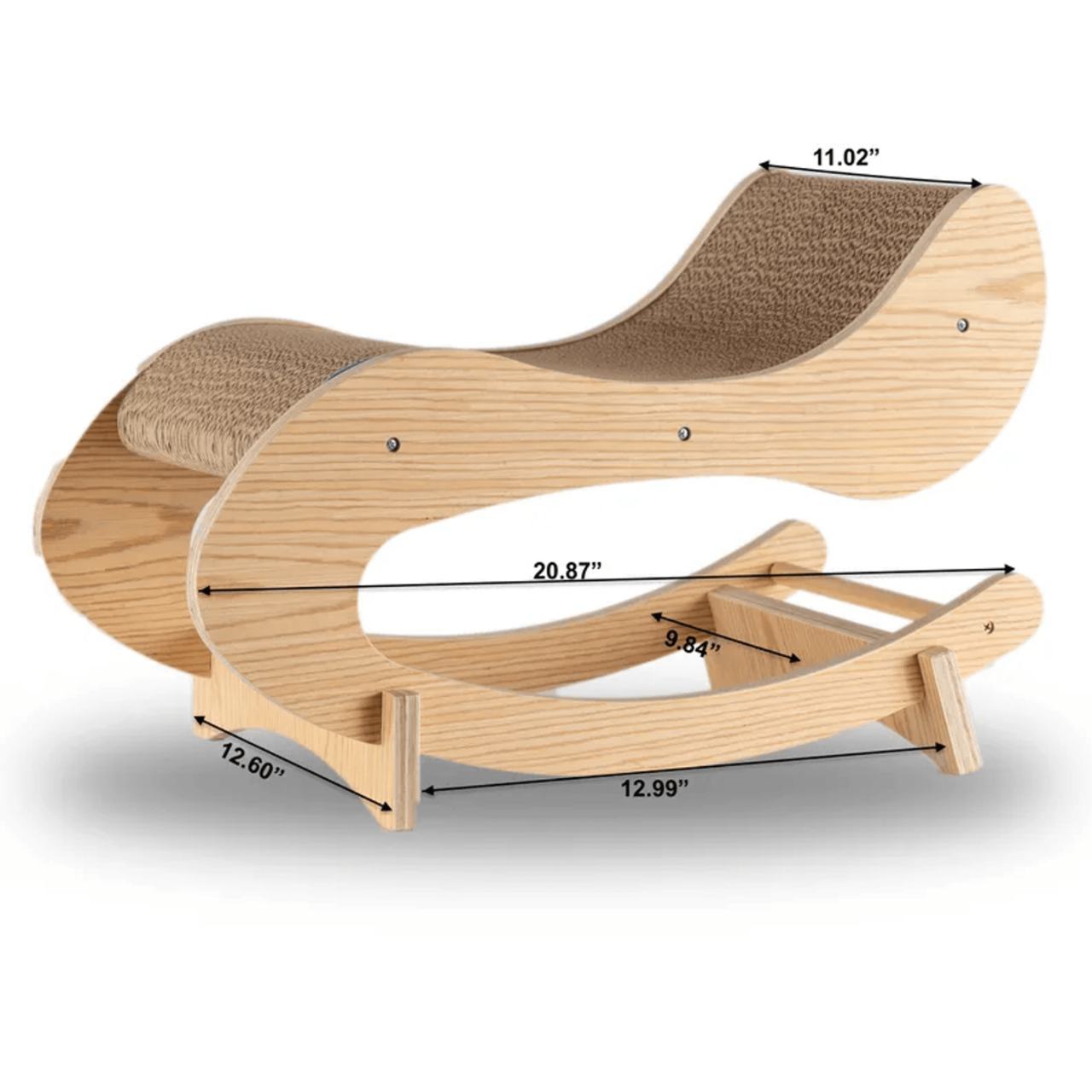 Wooden cat scratcher with dimensions on a white background