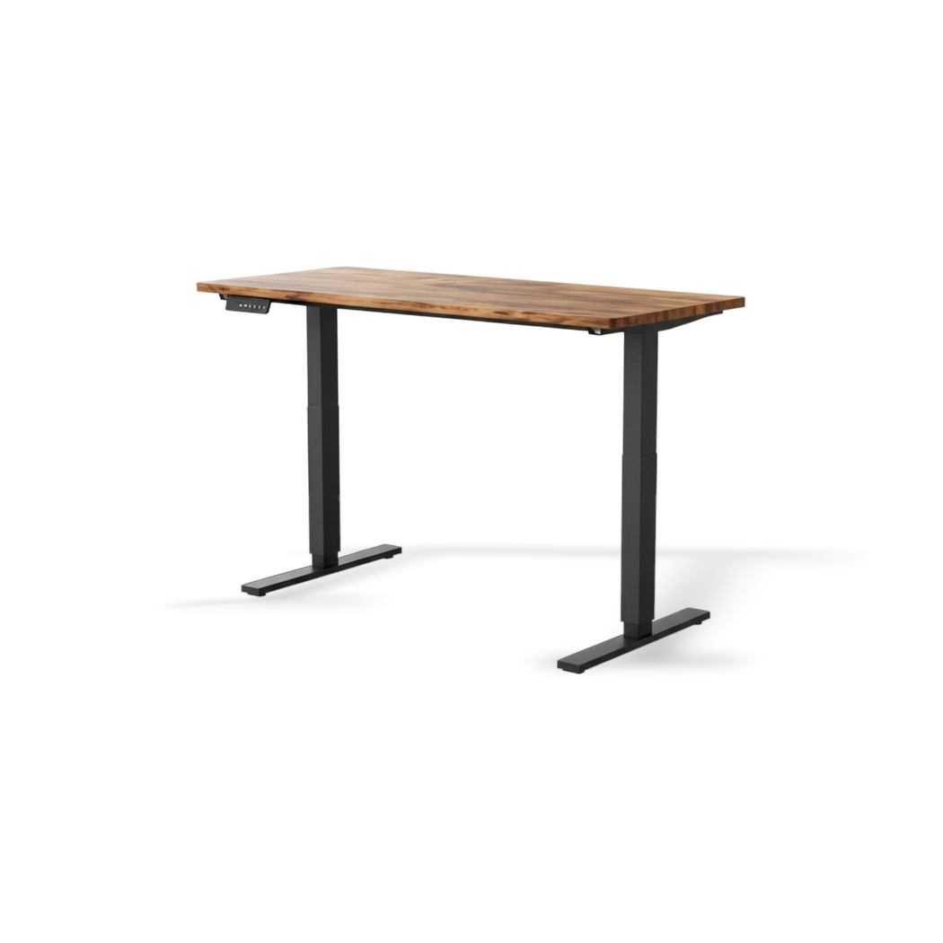 Compact sit-stand desk detail on a #f3f3f3 studio background