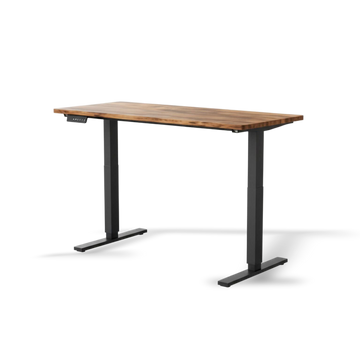 Wooden Adjustable office desk with black metal legs on a white background