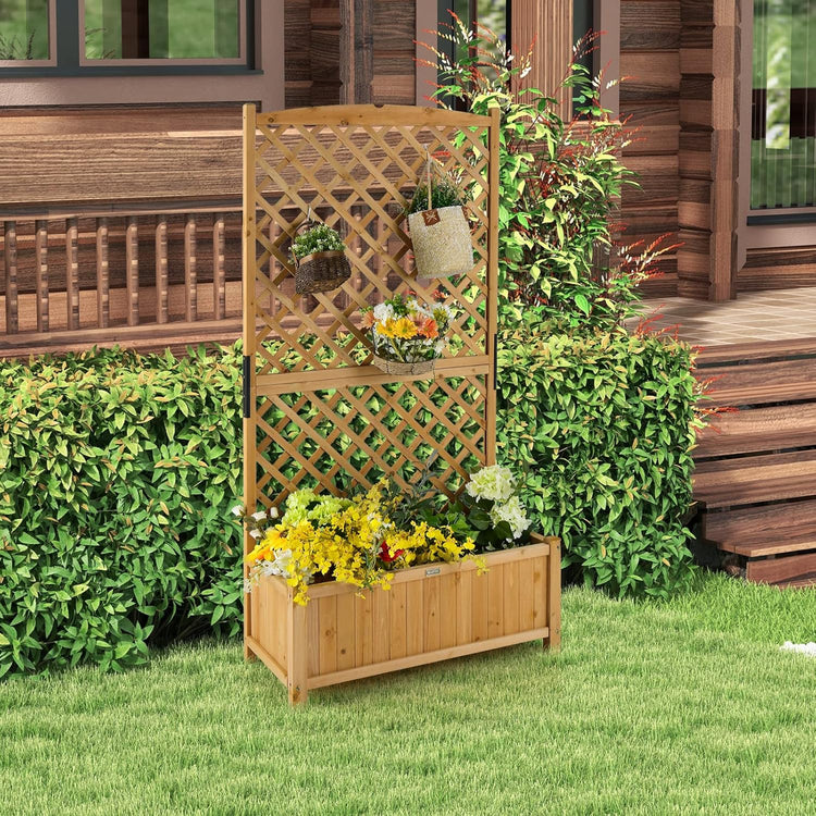Wooden planter with lattice design filled with plants and flowers