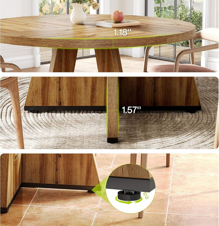 Wooden table with measurements and close-up of a leg on a tiled floor.