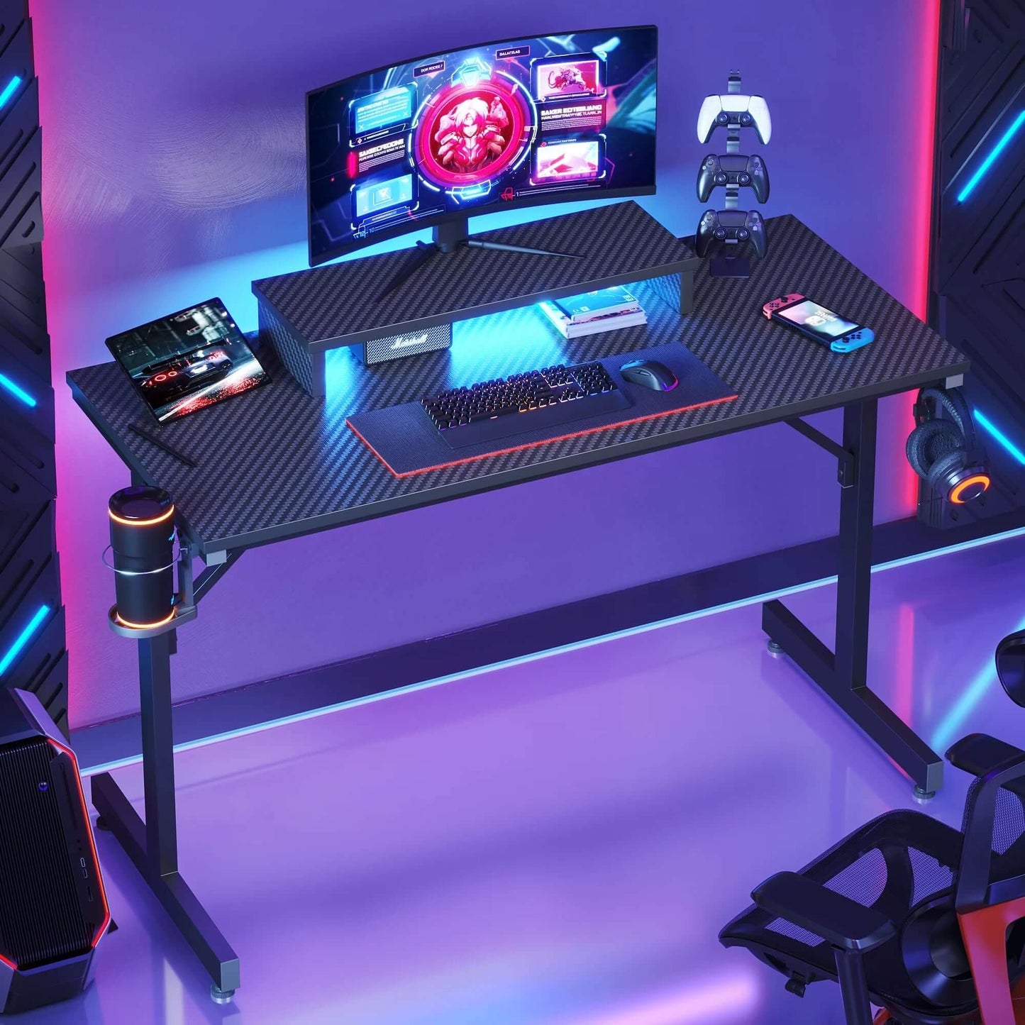 Gaming Desk with LED Lights, Monitor Stand, Hook, and Cup Holder