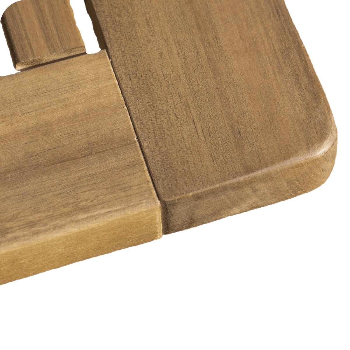 Rounded corner of the slat acacia wood folding table top, close-up (close-up detail)