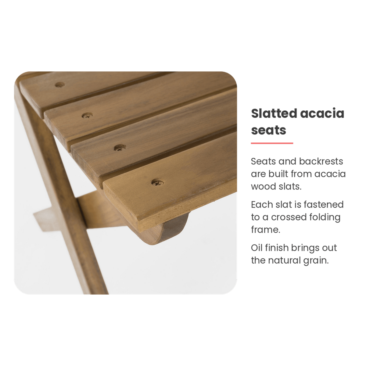 Acacia slat seat spec card for the folding chair (feature callout)