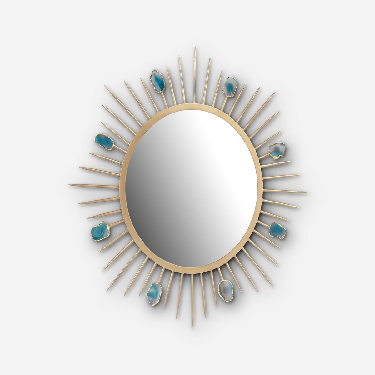Gold sunburst mirror with agate slices, turned slightly to show its depth
