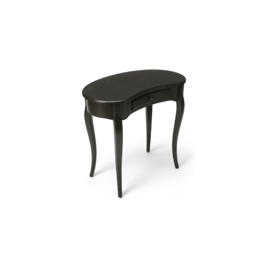Kidney-shaped desk with cabriole legs turned at an angle on a plain #f3f3f3 studio ground