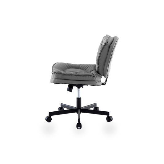 Armless grey PU leather desk chair with caster wheels, side profile (plain studio)