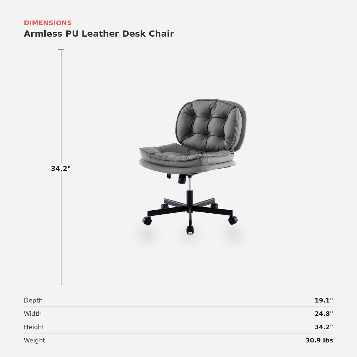 Armless PU Leather Desk Chair dimensions (feature callout)