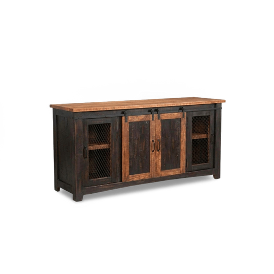 Black barn door TV stand with sliding pine doors and chicken-wire end doors, three-quarter view (plain studio)