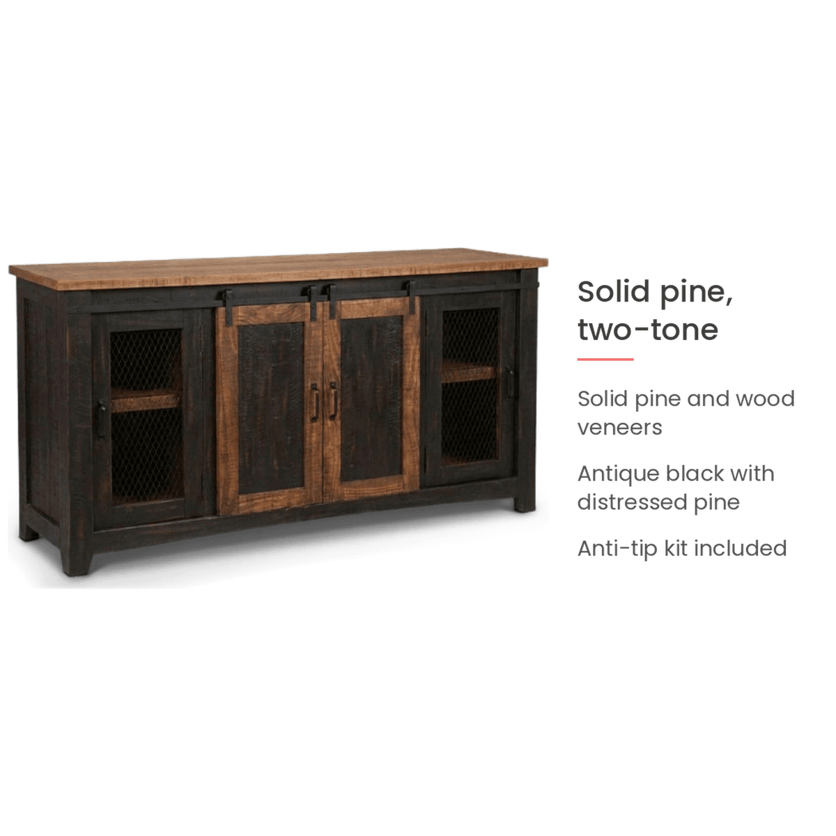 Solid pine two-tone finish card for the barn door TV stand (feature callout)