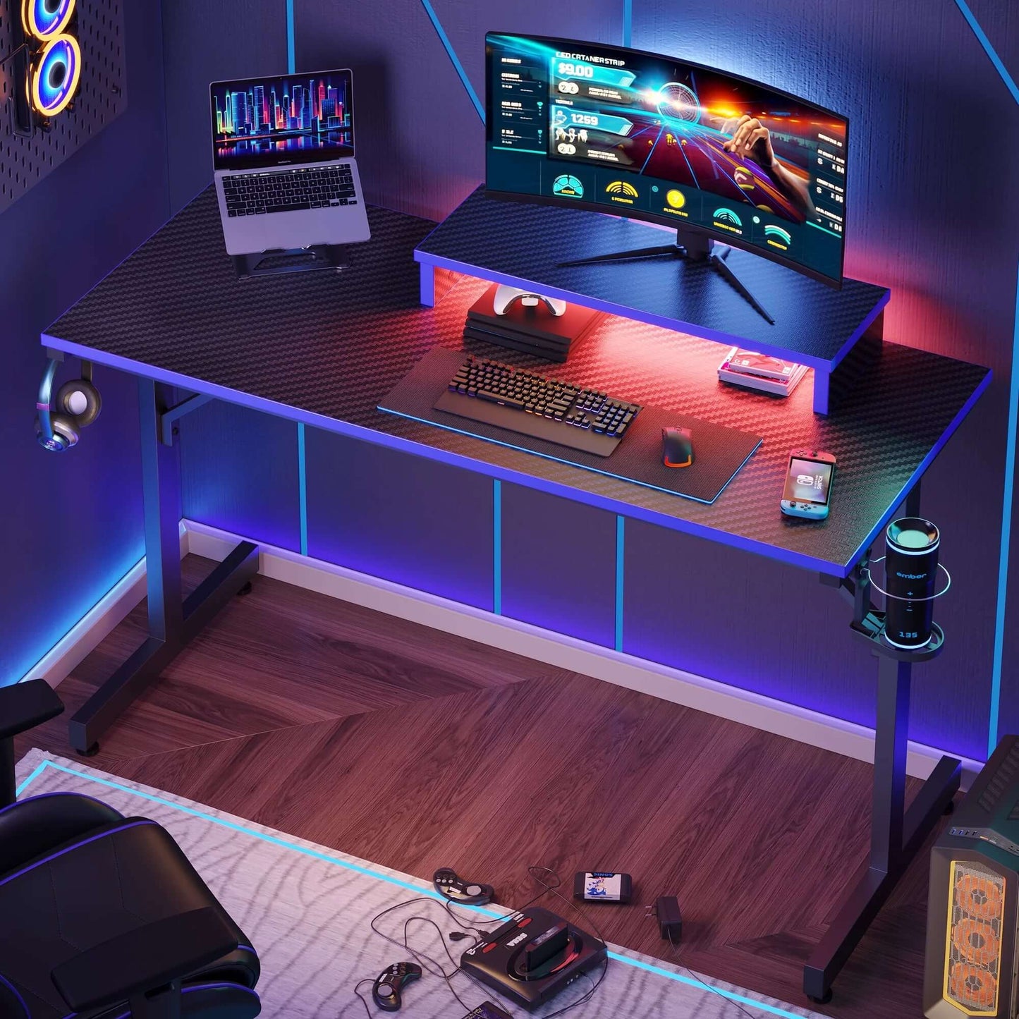 Gaming Desk with LED Lights, Monitor Stand, Hook, and Cup Holder