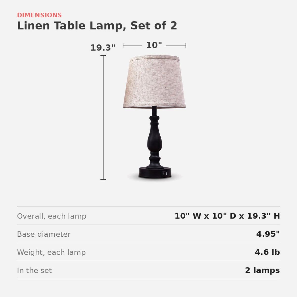 Lamp size guide: 10 in wide, 19.3 in high, 4.95 in base (dimensions)