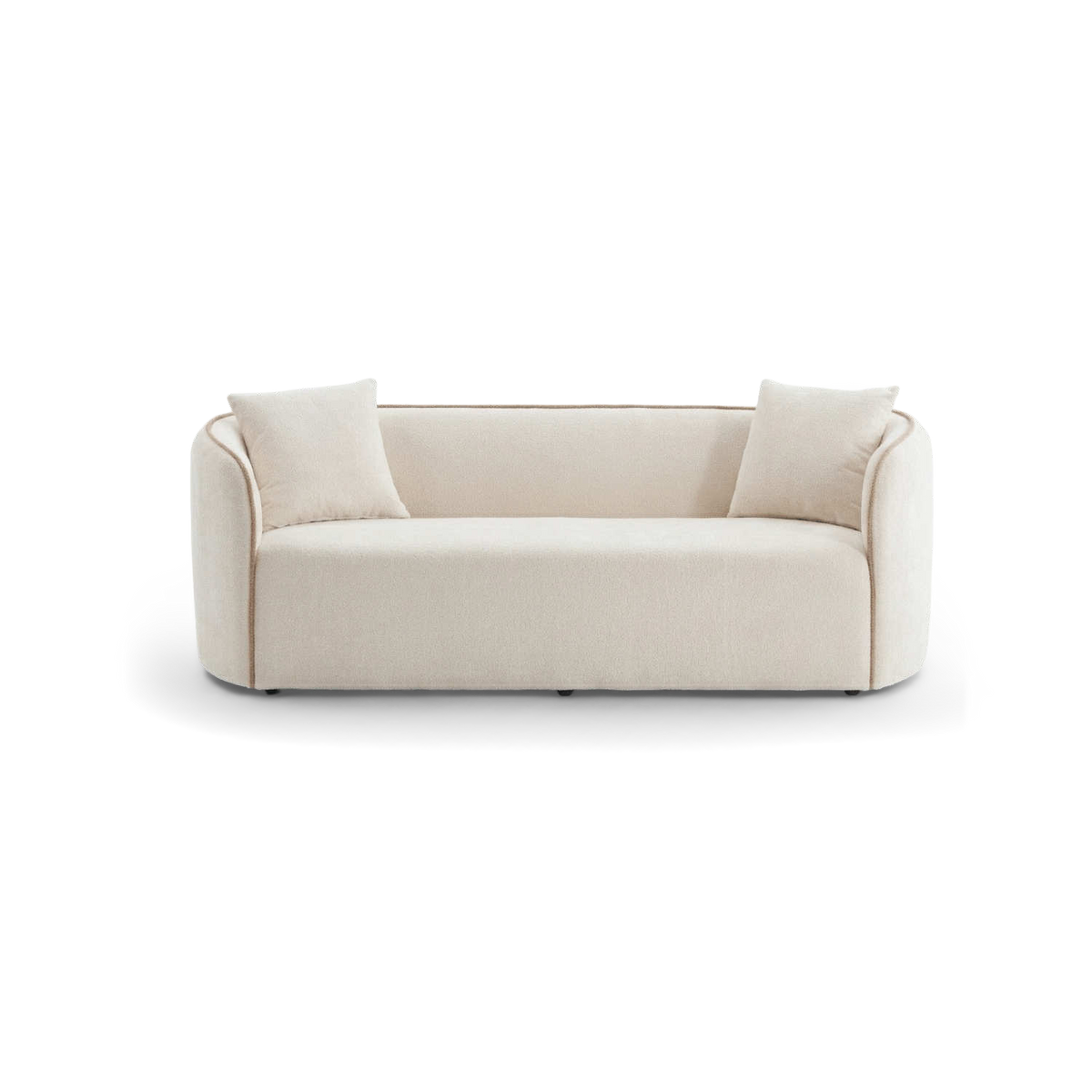 Beige boucle couch, straight front view on a transparent background (plain studio)