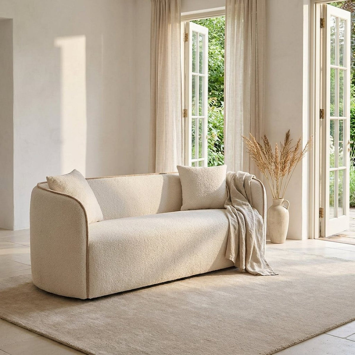 Cream curved three-seat sofa with tan piping in a sunlit garden room, French doors open behind and a sand wool rug