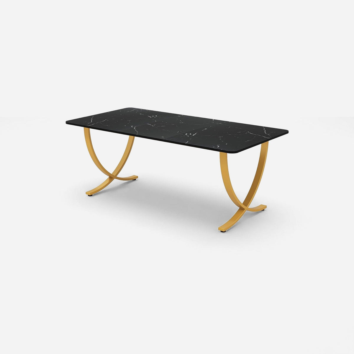 Black marble desk with white veining on crossed gold steel arc legs, turned three-quarter view