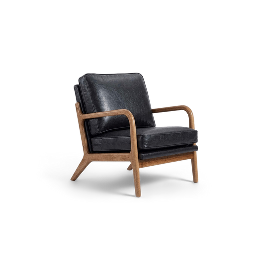 Black faux leather wood frame accent chair, three-quarter view (plain studio)