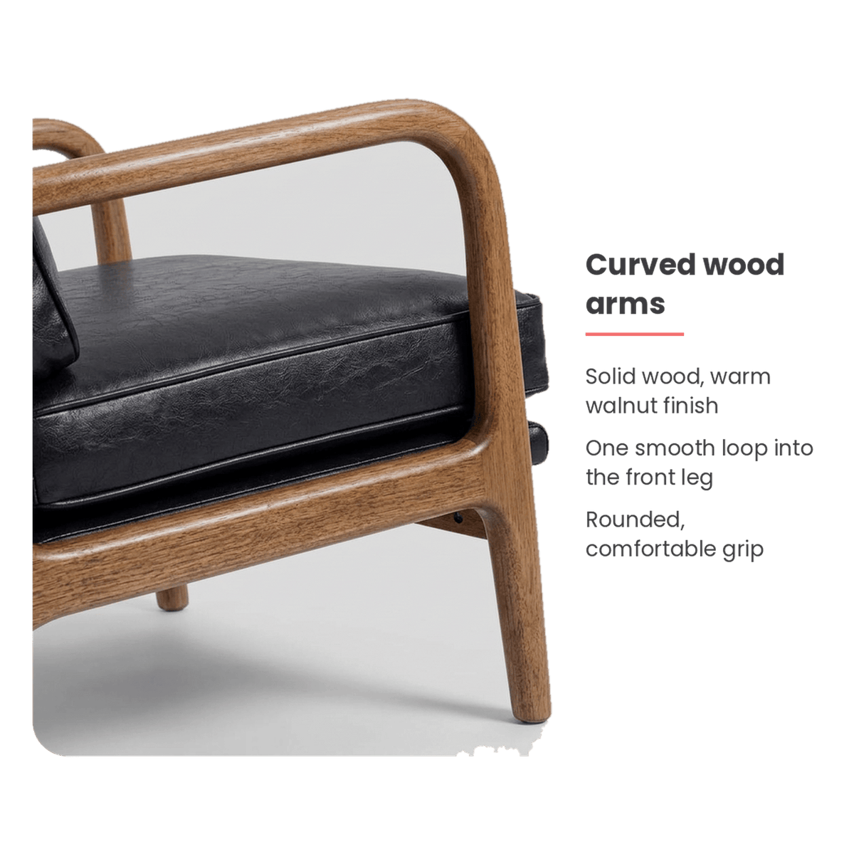 Wood armrest specification card for the black leather chair (feature callout)