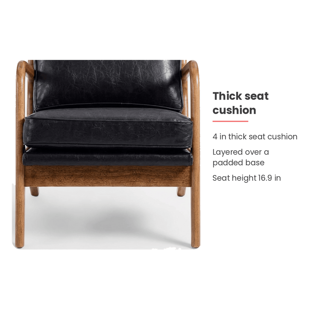 Seat cushion specification card for the black leather chair (feature callout)