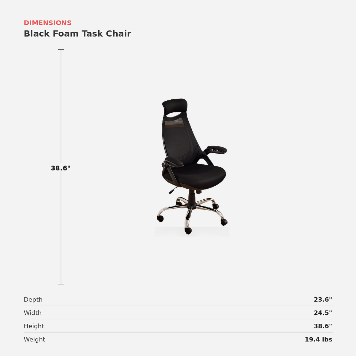 Black Foam Task Chair dimensions (feature callout)