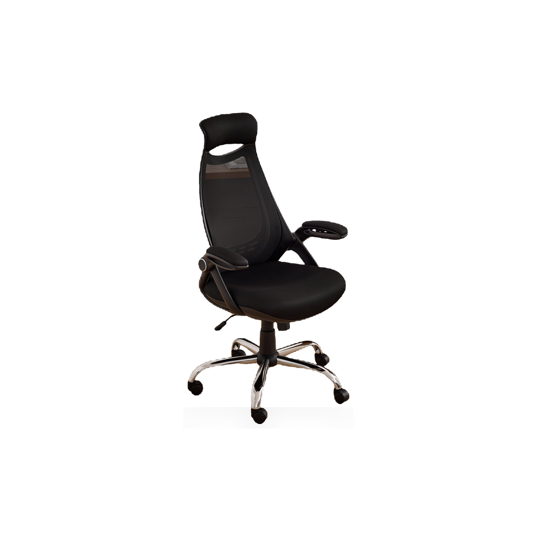 Black foam office chair with breathable mesh back on a #f3f3f3 studio background
