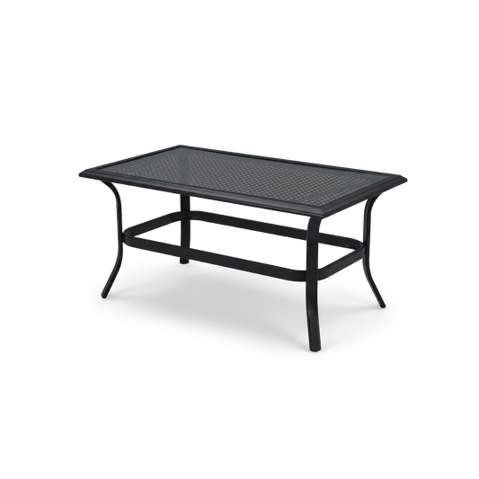 Black metal outdoor coffee table with tempered glass top, rotated view