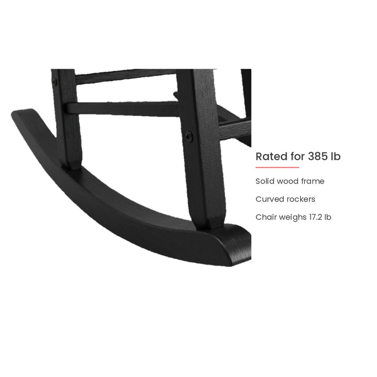 Black rocking chair solid wood frame and curved rockers, rated for 385 lb (feature callout)