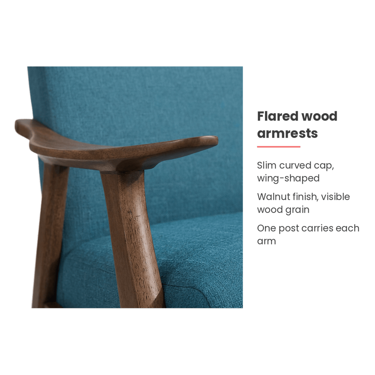 Flared wood armrests of the blue accent chair (feature callout)