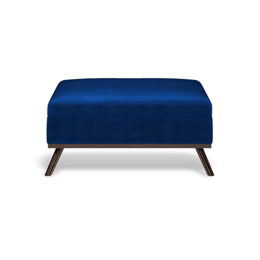 Top view of the square navy blue velvet ottoman coffee table highlighting the premium fabric texture and hidden storage compartment.
